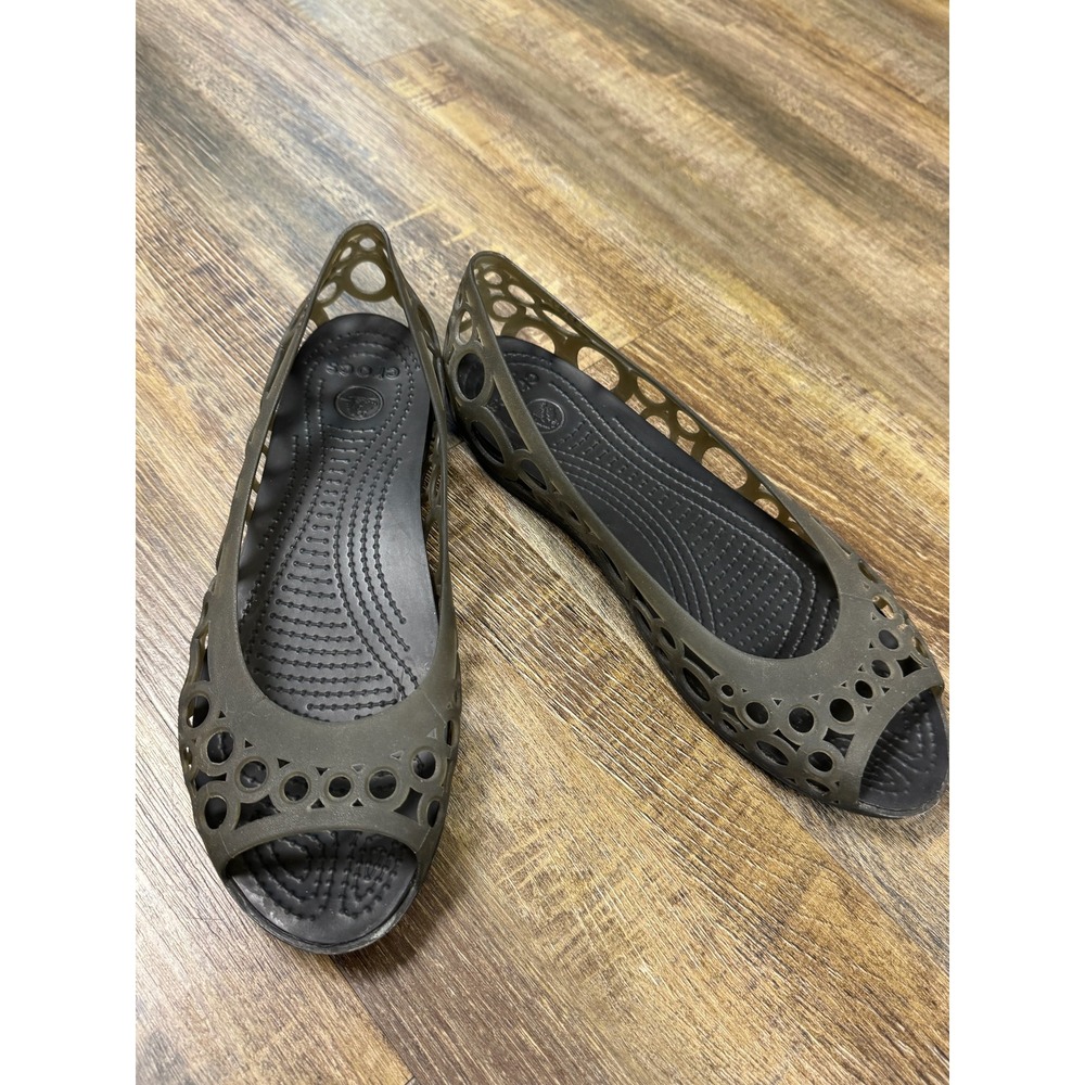 Crocs Adrina Peep Toe Flats Womens Size 9 Black Smoke Cutout Jelly Shoes - Picture 13 of 15